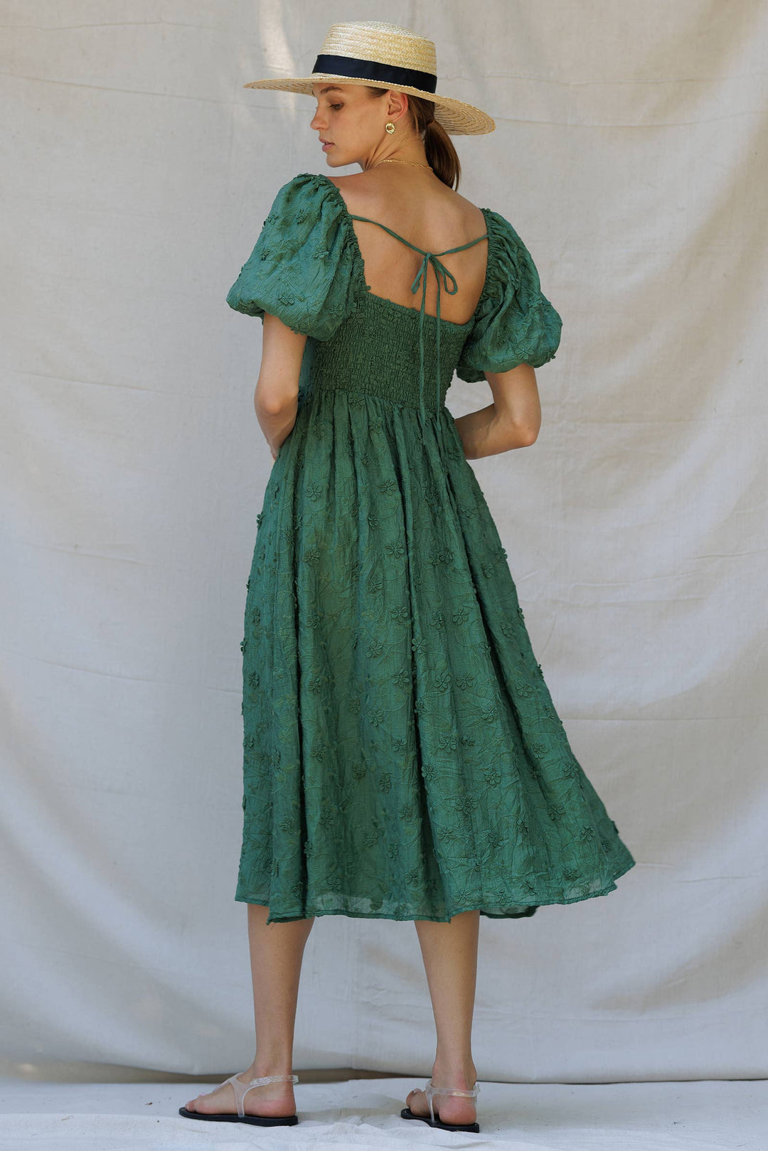Embroidered Puff-Sleeve Midi Dress