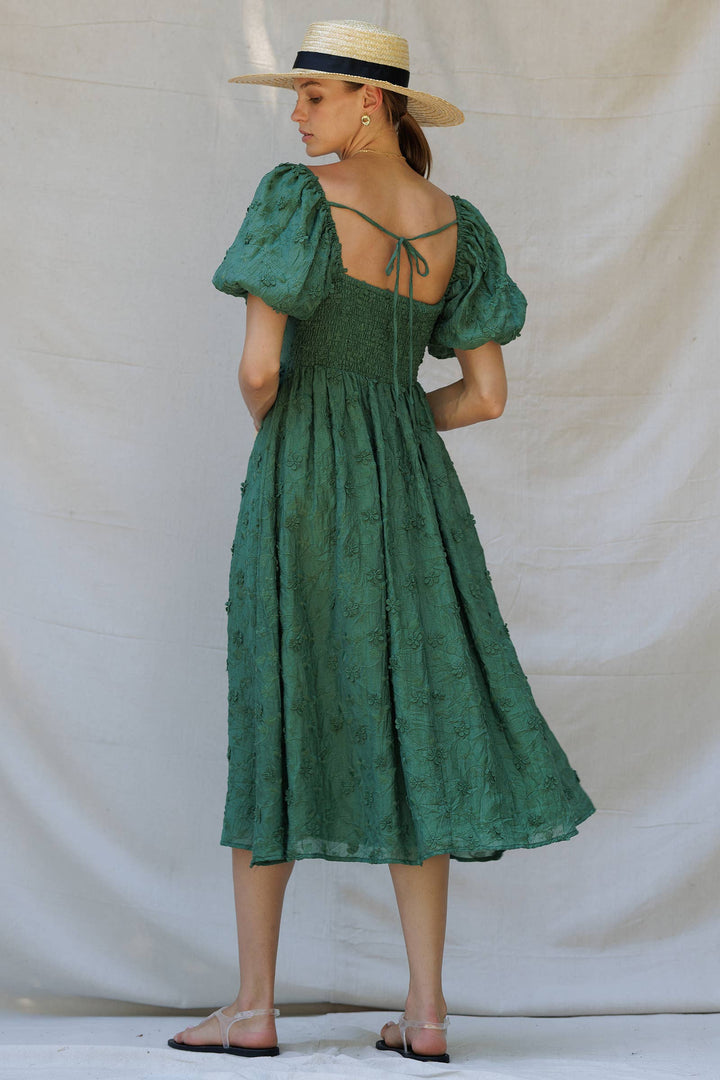 Embroidered Puff-Sleeve Midi Dress