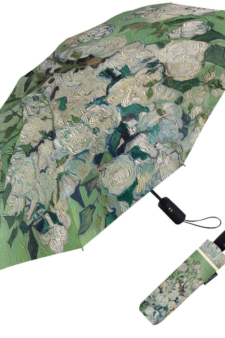 Van Gogh "White Roses" Travel Umbrella – Compact, One-Touch Open & Close
