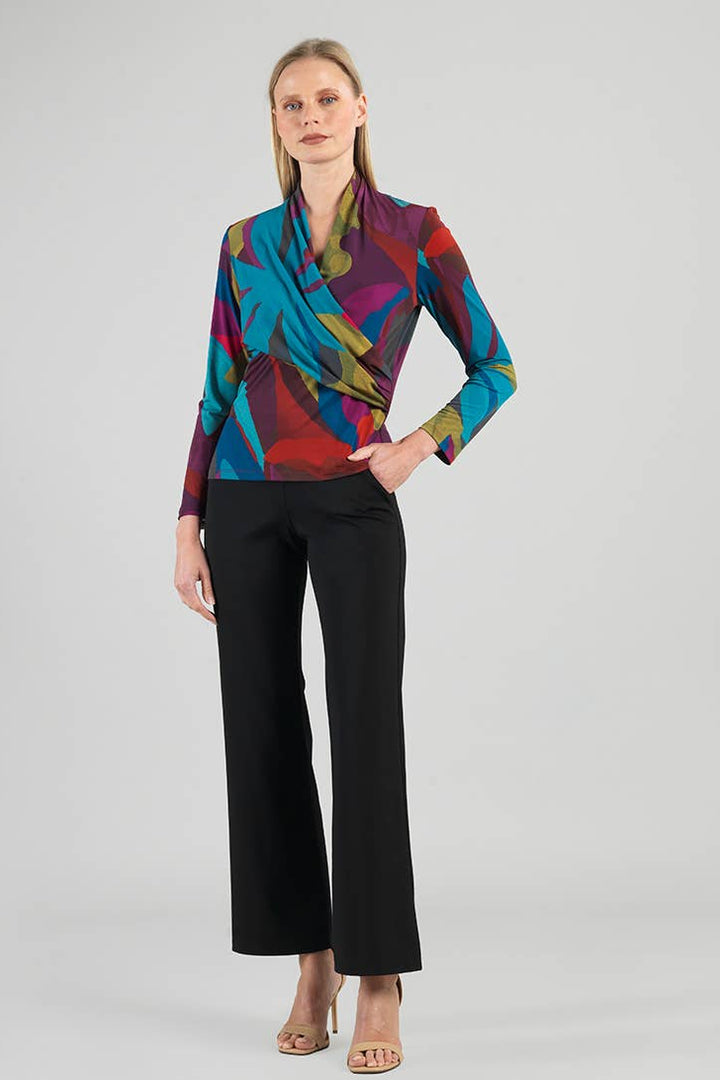 Multi Color Draped V-Neck Ruched Soft Knit Top
