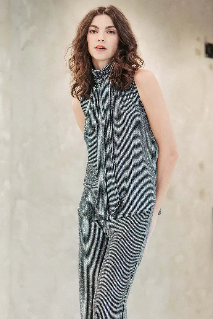 Shimmer Sequin - Mock Neck-Tie Detail Top