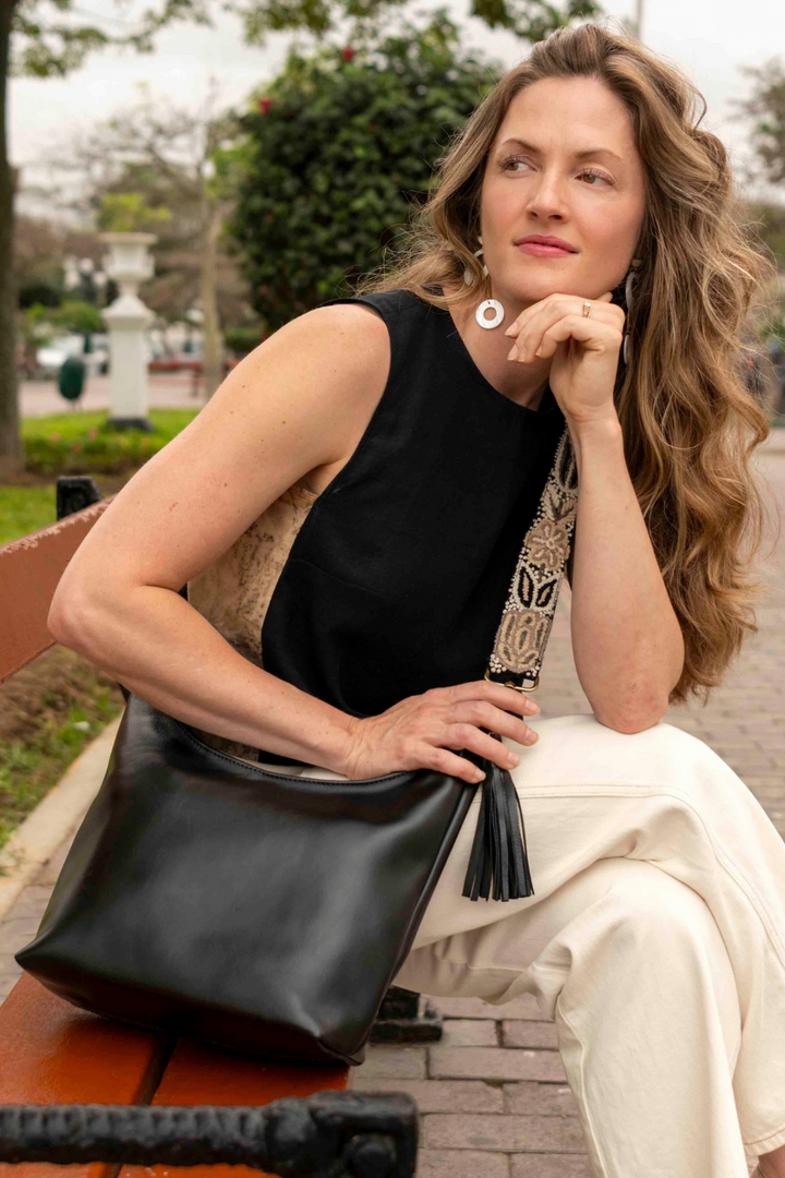 Noche Andina Boho Leather Crossbody with Embroidered Strap
