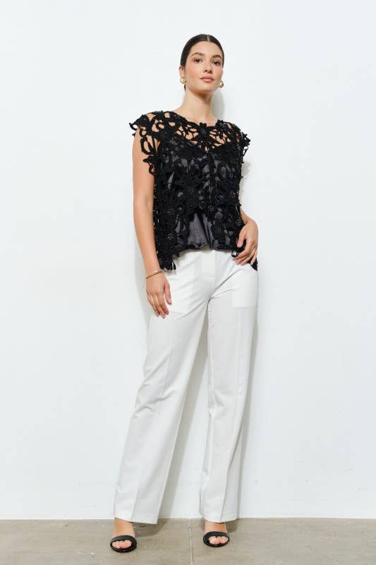 Pearl Rhinestone Embellished Lace Cutout Top