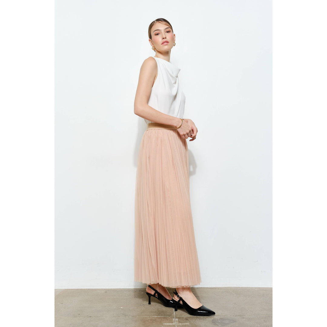 Chic Mesh Sheer Pleated Tulle Maxi Skirt