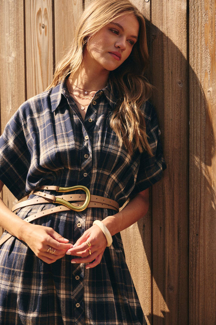 Rustic Pathway Pin-Tucked Waist Plaid Transition Dress