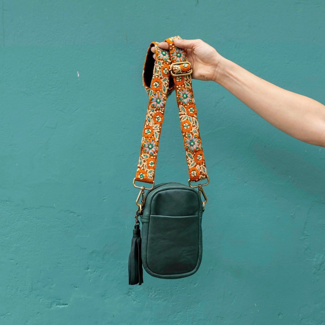 Sol Cell Phone Leather Bag with Embroidered Strap