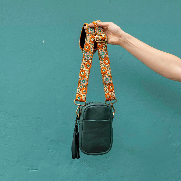 Sol Cell Phone Leather Bag with Embroidered Strap