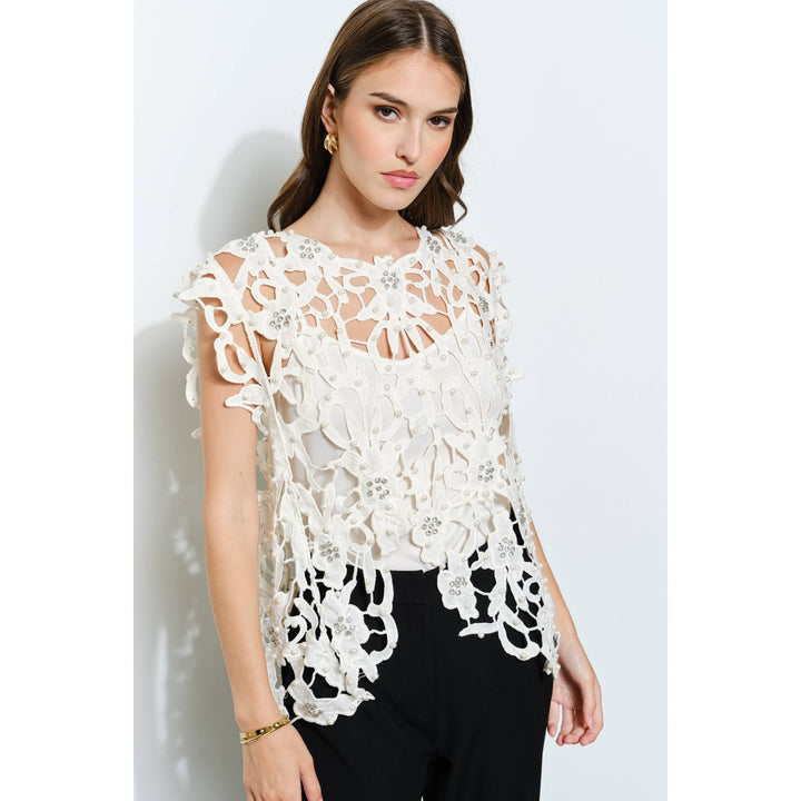 Pearl Rhinestone Embellished Lace Cutout Top