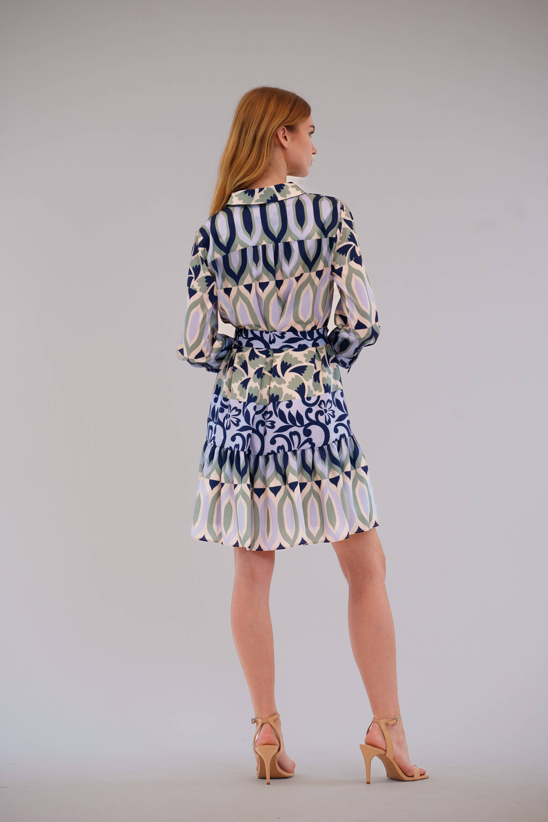 3/4 Sleeve Collared Shirt Dress W/Bottom Ruffle