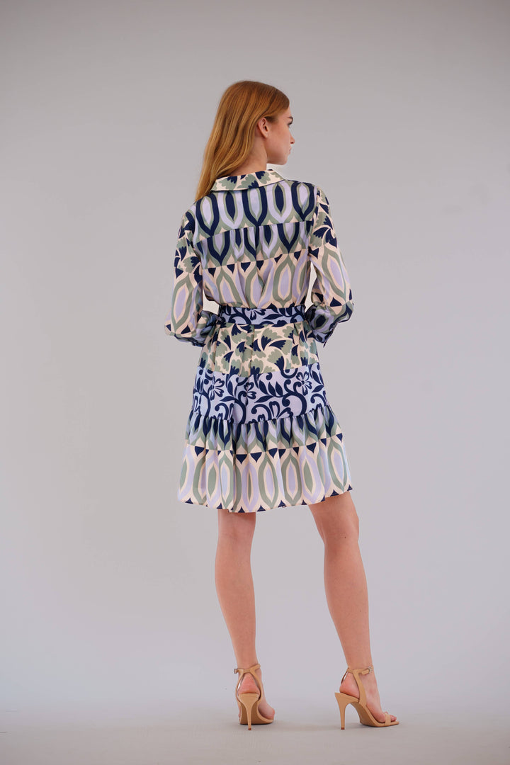3/4 Sleeve Collared Shirt Dress W/Bottom Ruffle