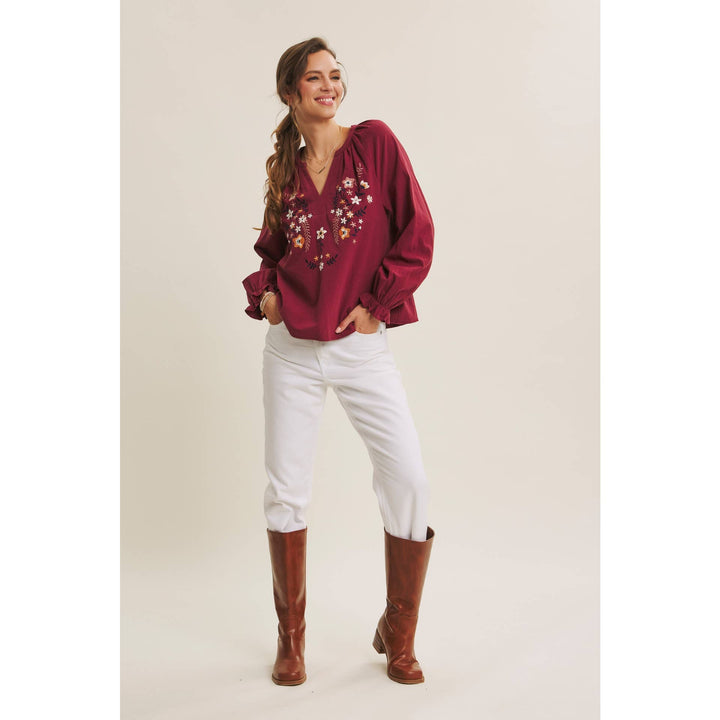 Warmth of Fall Bohemian Embroidered Flare Cotton Blouse Top