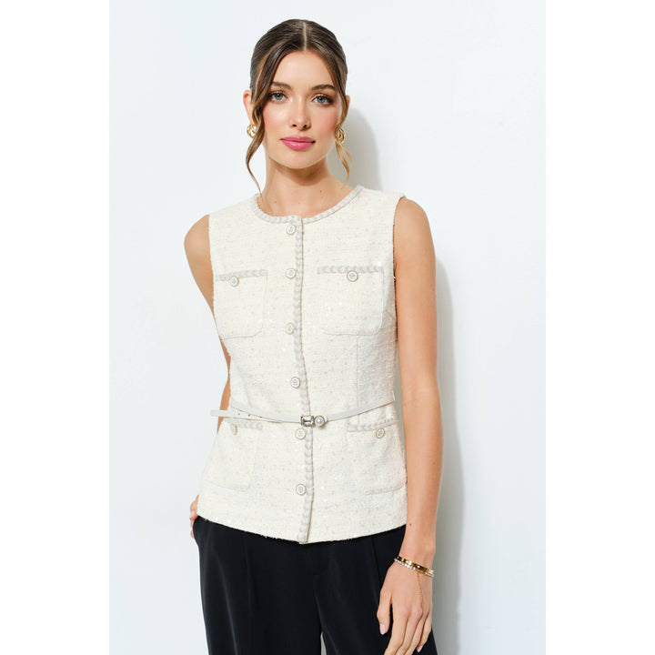 Belted Sequin Tweed Sleeveless Top
