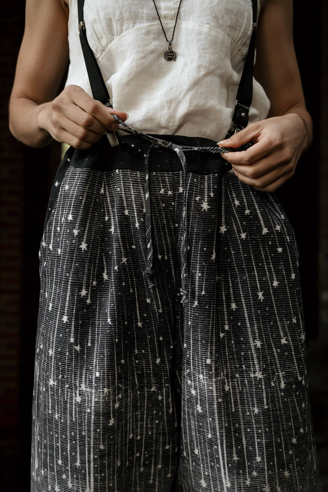 Stargazer Boho Linen Falling Star Print Cropped Artist Pants