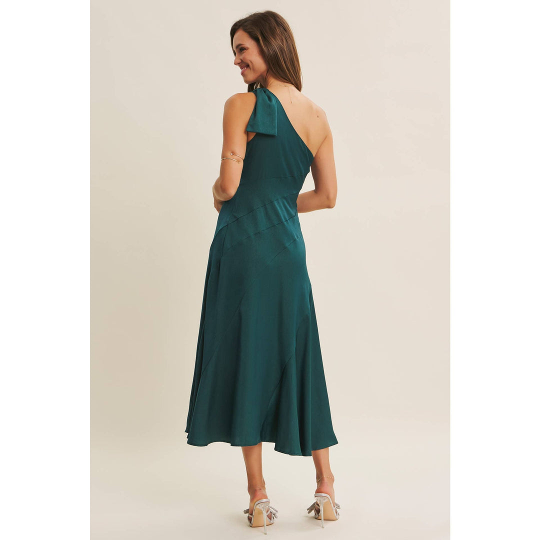 Holiday Glam One-Shoulder Midi Dress with Slanted Seamwork