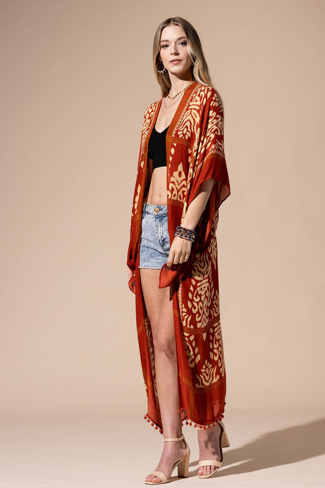 Damask Print Kimono with Sleeves