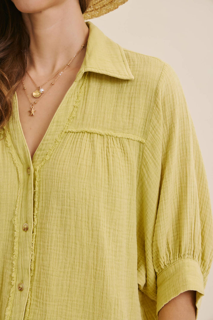 Breathable Mineral Washed Cotton Gauze Button Down Shirt