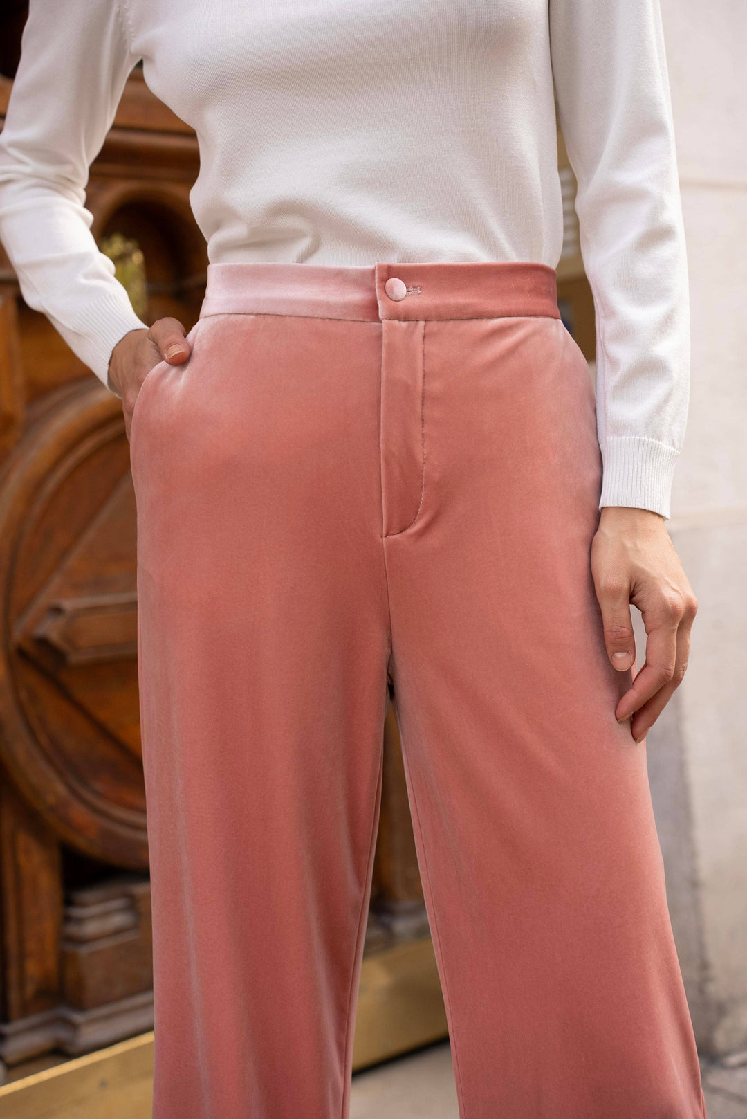 High-Waisted Straight Cut Velvet Trousers