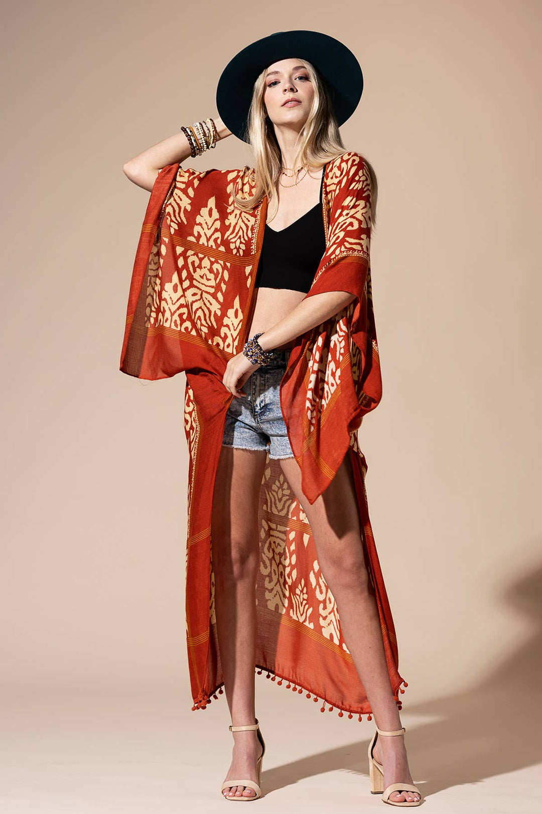 Damask Print Kimono with Sleeves