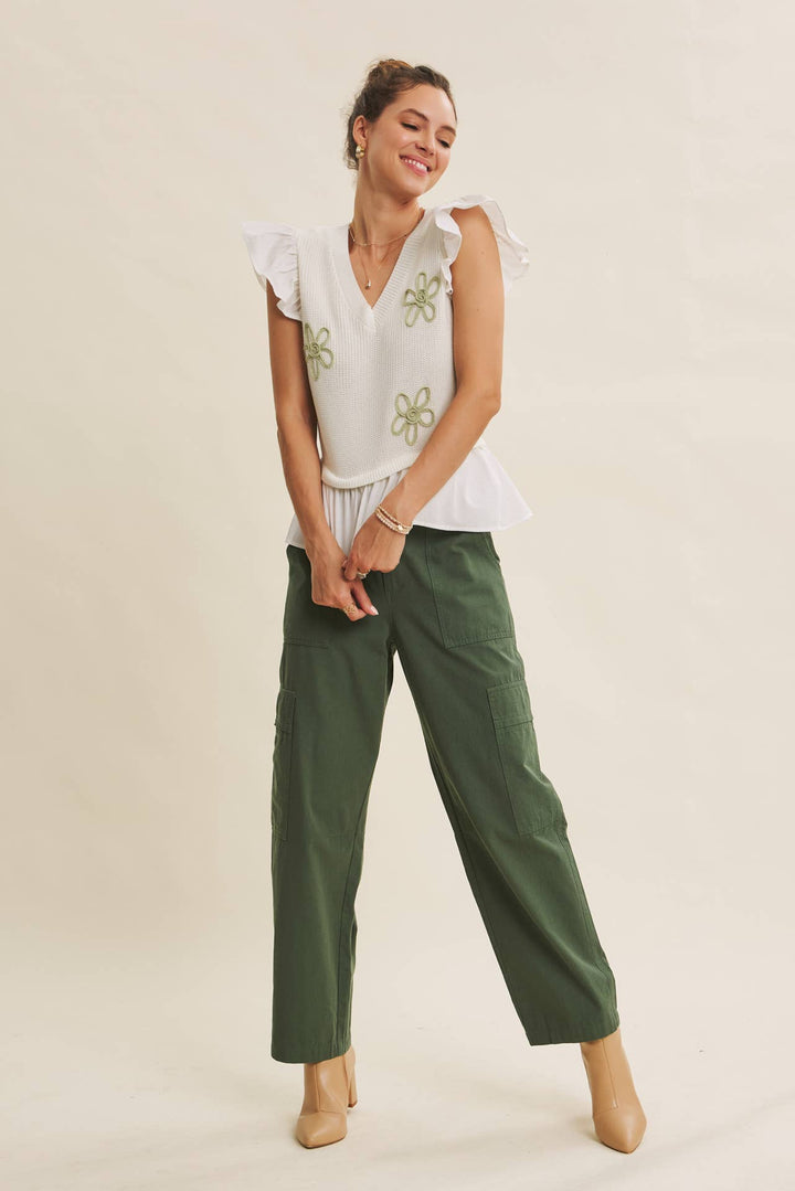 Easy to Love Embroidery Ruffle-Sleeve Mixed Sweater Top