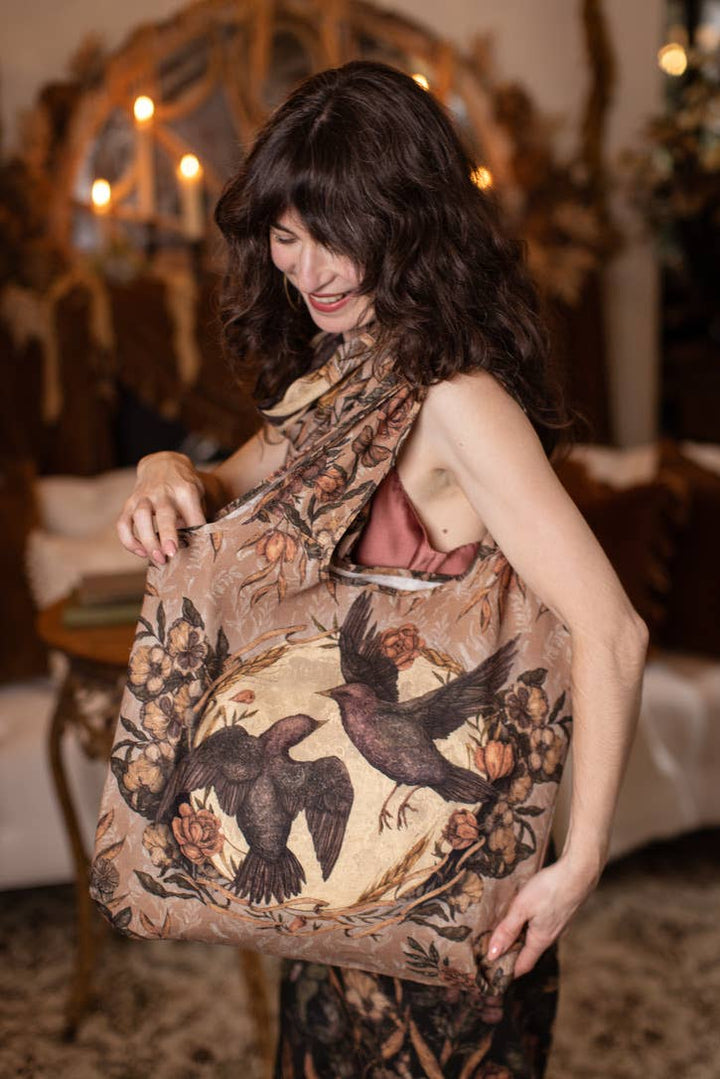 Momento Linen Tote Bag w/ Starling, Skull & Floral Print