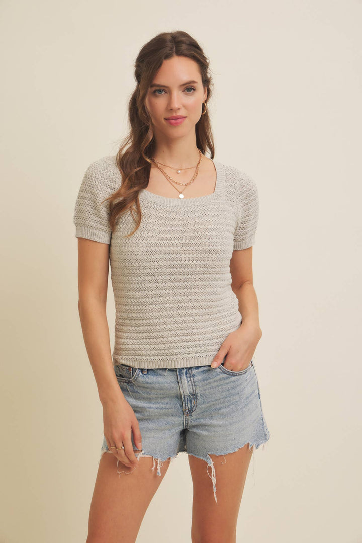 Square Neck Cotton Sweater with Special Weaving