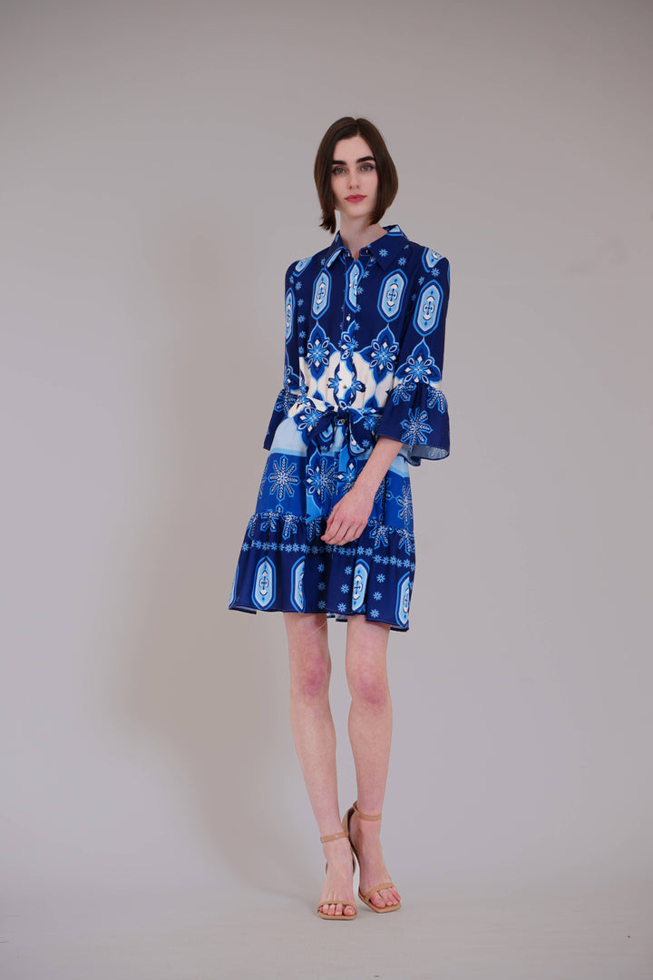 Long Bell Sleeve Button Up Collared Shirt Dress