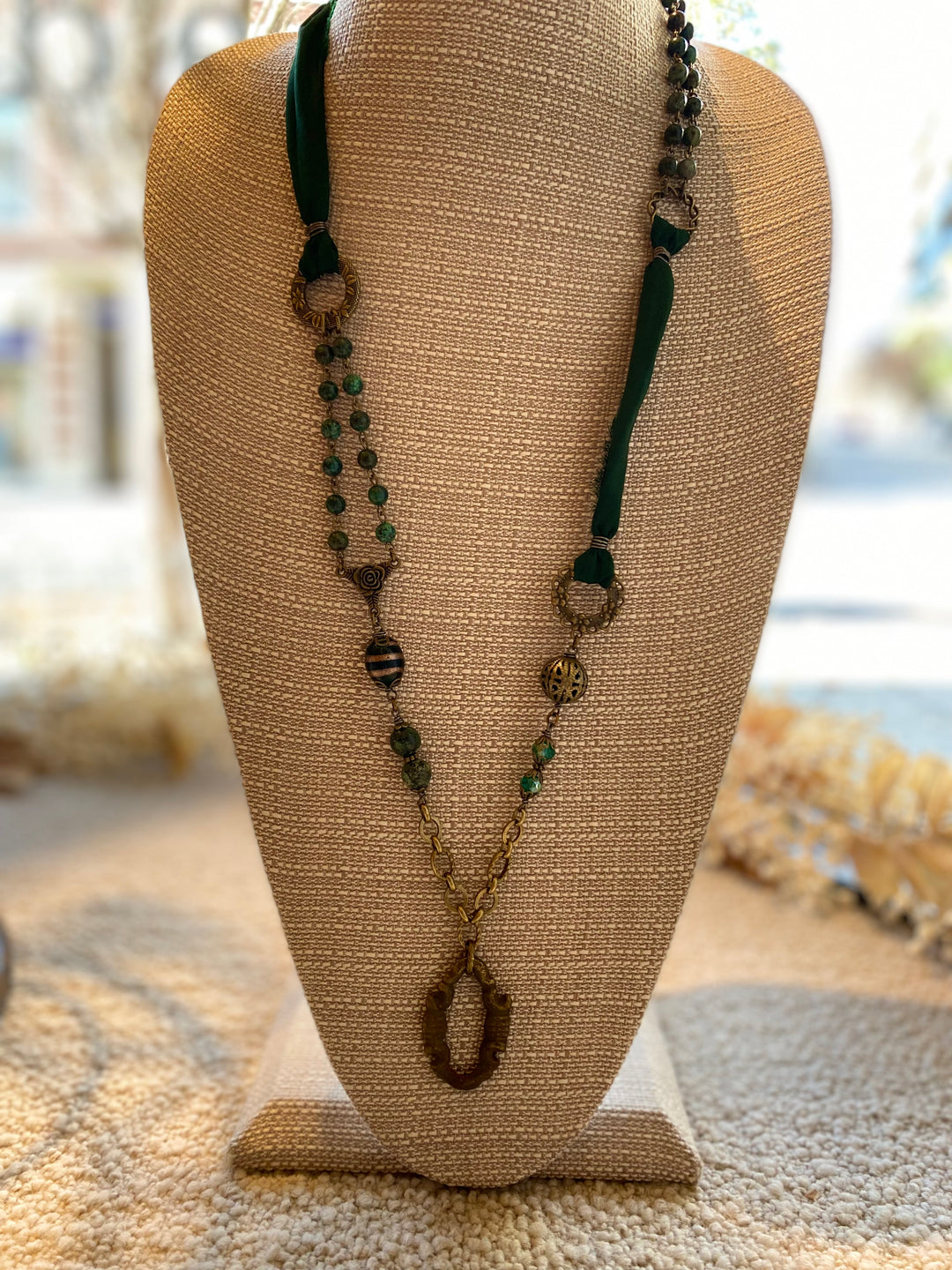 Dark Green Silk and Stone Necklace