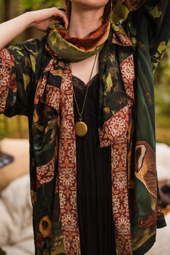 Solstice Bohemian Scarf with Persephone, florals, Moon & Owl