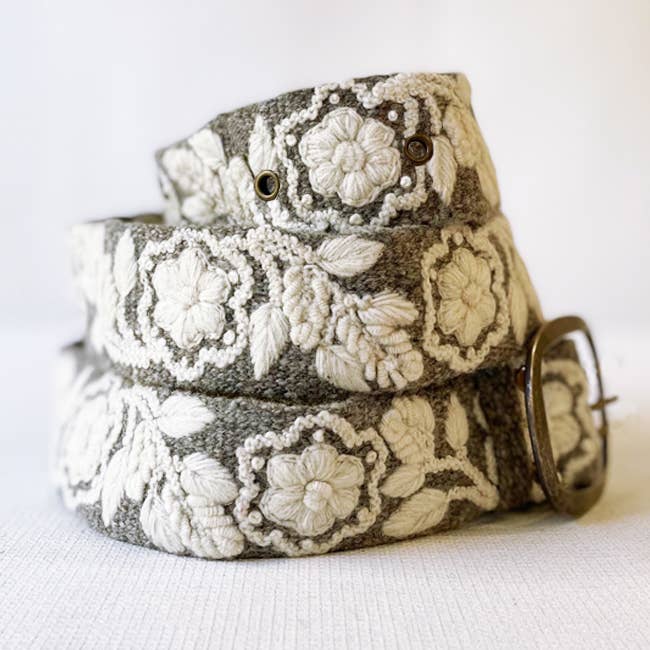 Two-Tone Embroidered Wool Belt, Heather/Cream