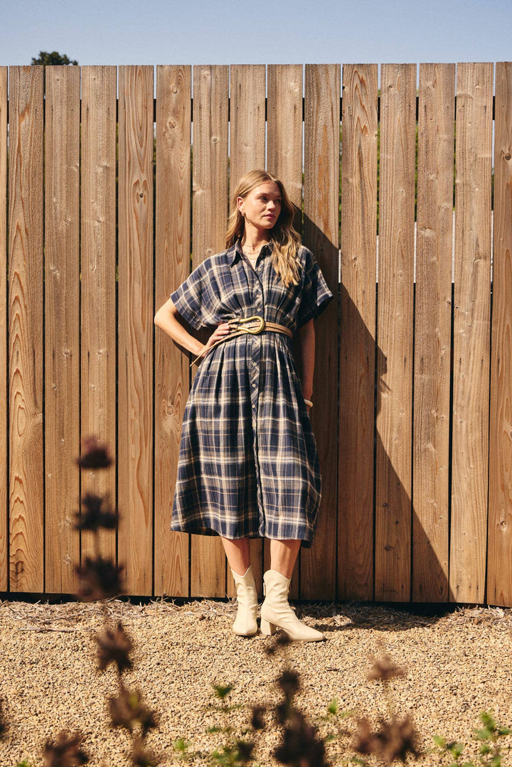 Rustic Pathway Pin-Tucked Waist Plaid Transition Dress