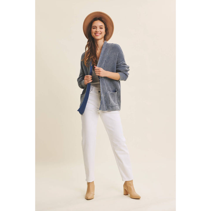 Mineral-Washed Open Front Cotton Sweater Cardigan