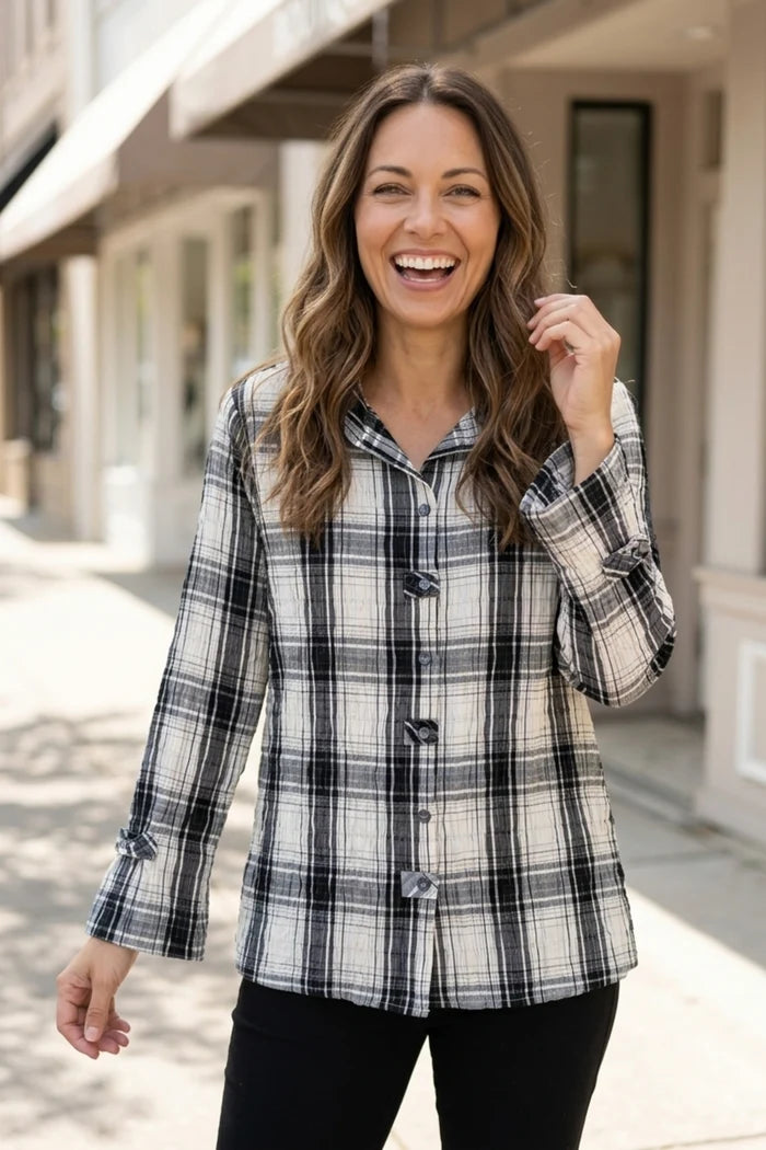 Crinkle Windowpane Tab Swing Shirt
