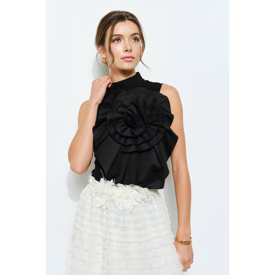 Floral Applique Pleated High-Neck Top