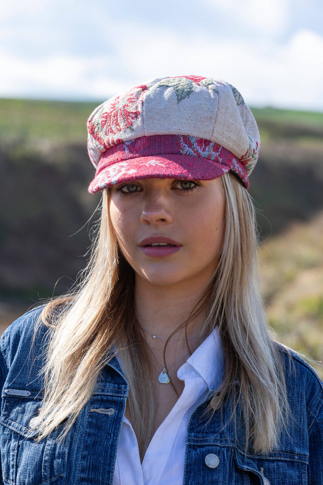 Ladies Tapestry Floral Baker Boy Cap Cream & Red Brocade