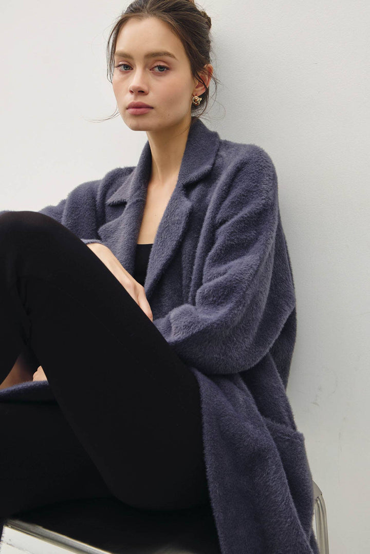 Long Fuzzy Notched Collar Coatigan