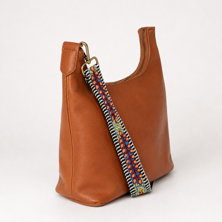 Tierra y Cielo Boho Leather Crossbody with Embroidered Strap