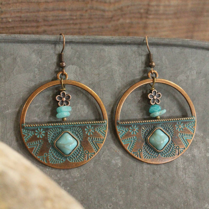 Verdigris Gypsy Turquoise Nugget Copper Hoop Earrings