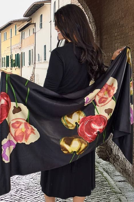 Apricity Poppy Floral Silk Shawl Scarf