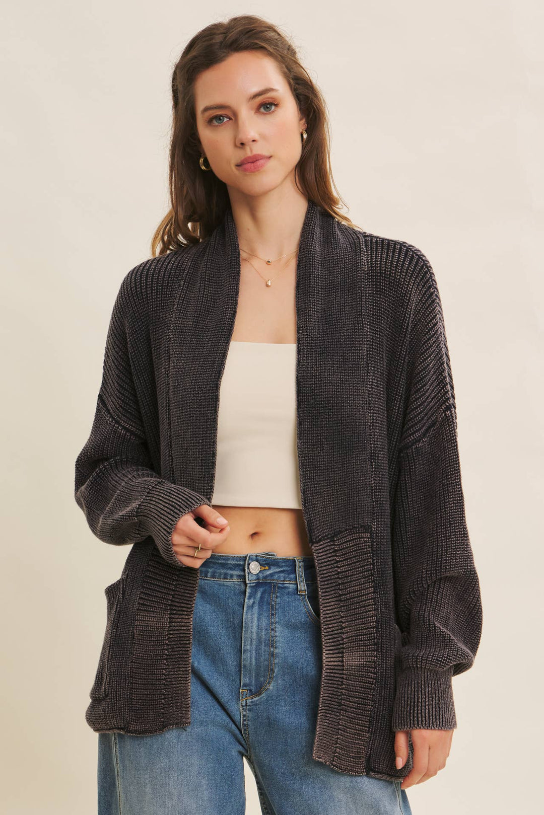 Mineral-Washed Open Front Cotton Sweater Cardigan