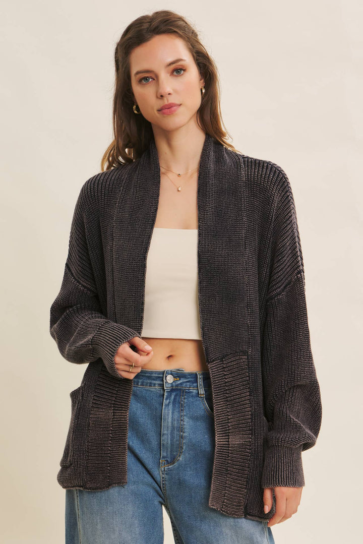 Mineral-Washed Open Front Cotton Sweater Cardigan