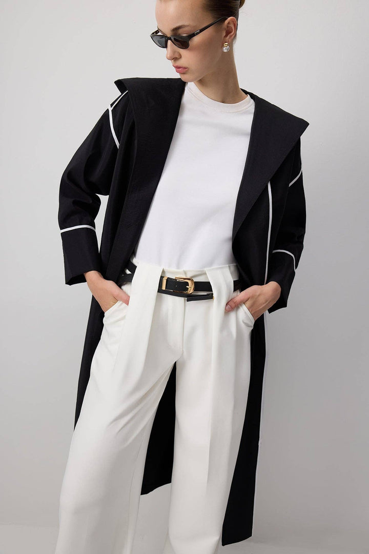 Black Hooded Cupro-Look Coat with White Contrast Trim