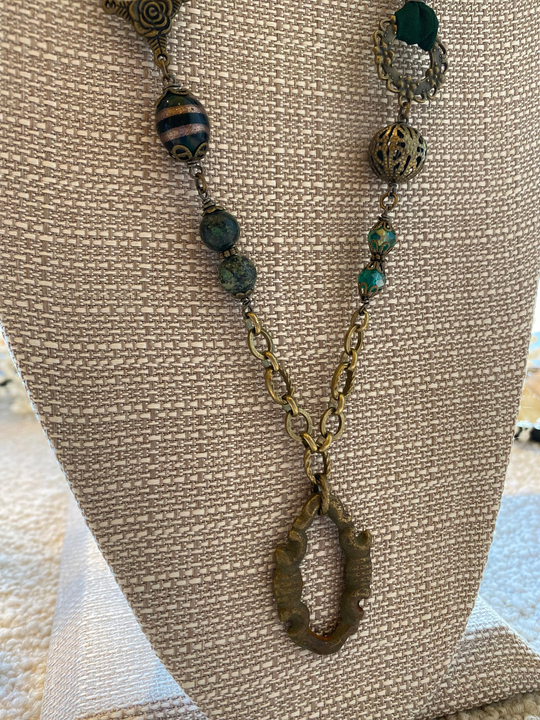 Dark Green Silk and Stone Necklace