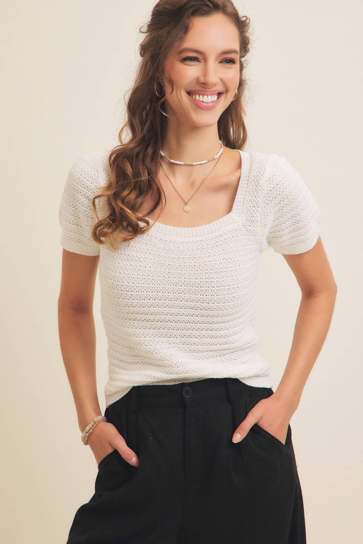 Square Neck Cotton Sweater with Special Weaving