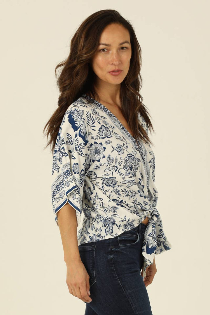 V Neck Kimono Sleeve Tie Waist Blouse