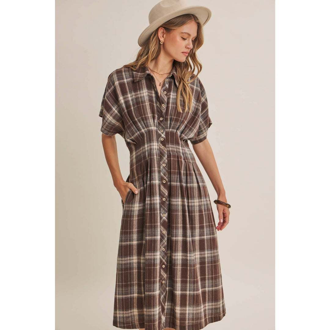 Rustic Pathway Pin-Tucked Waist Plaid Transition Dress