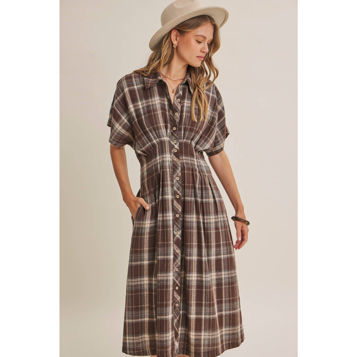 Rustic Pathway Pin-Tucked Waist Plaid Transition Dress