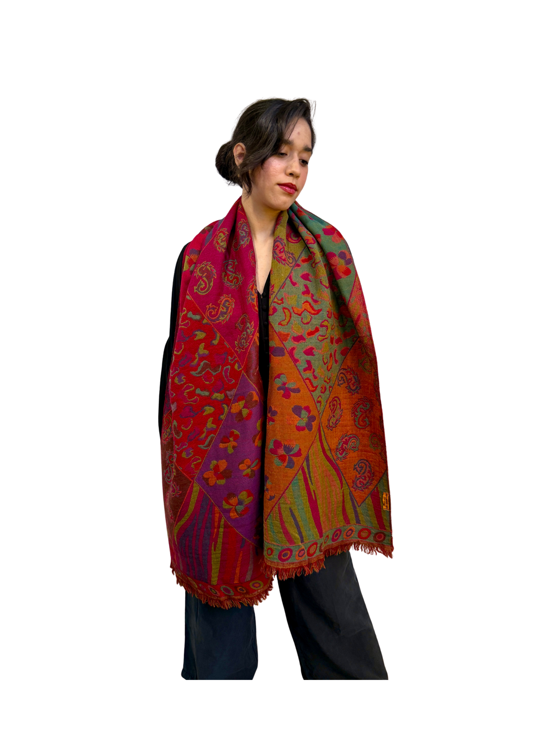 Reversible Merino Boiled Wool Shawl Fuchsia Multicolor