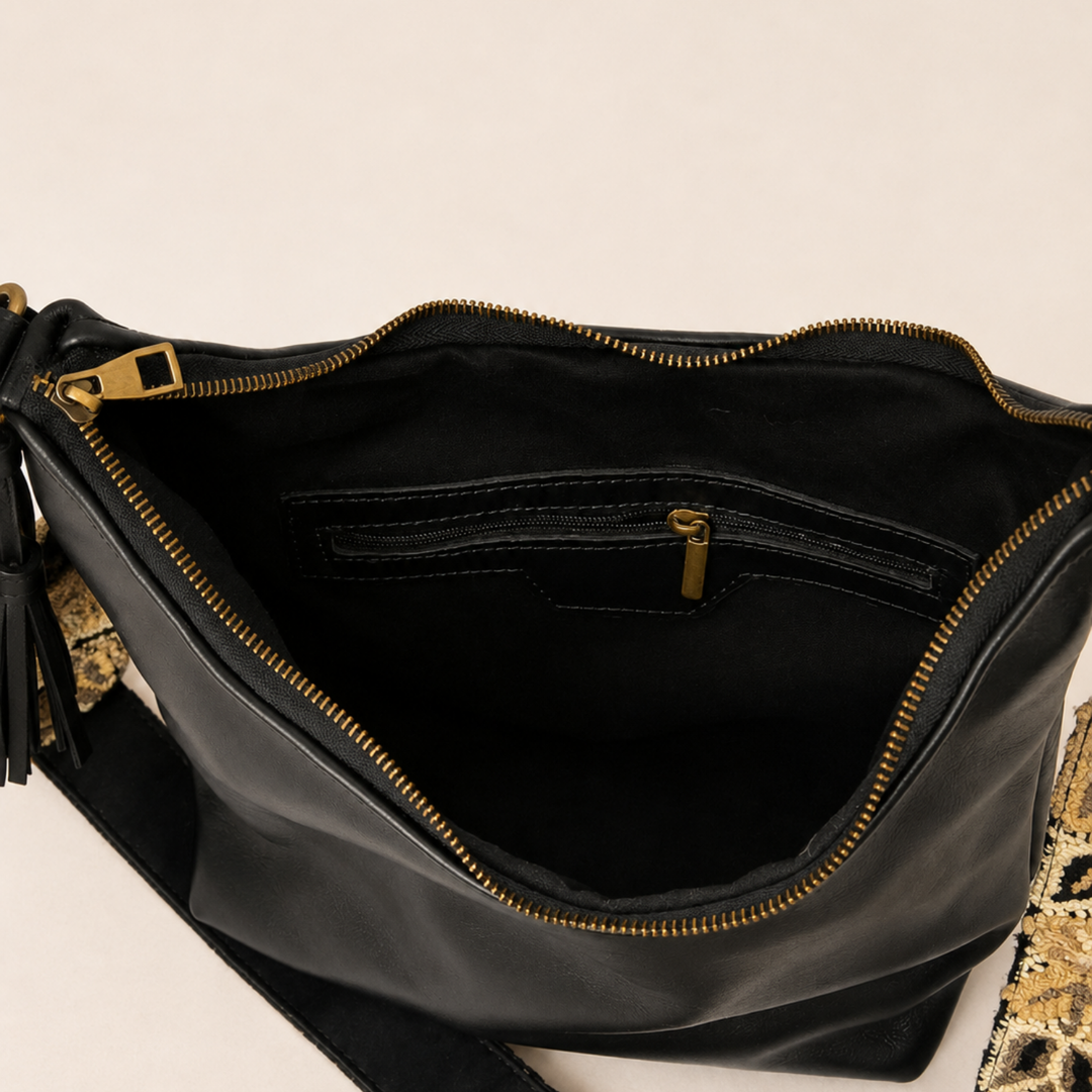 Noche Andina Boho Leather Crossbody with Embroidered Strap