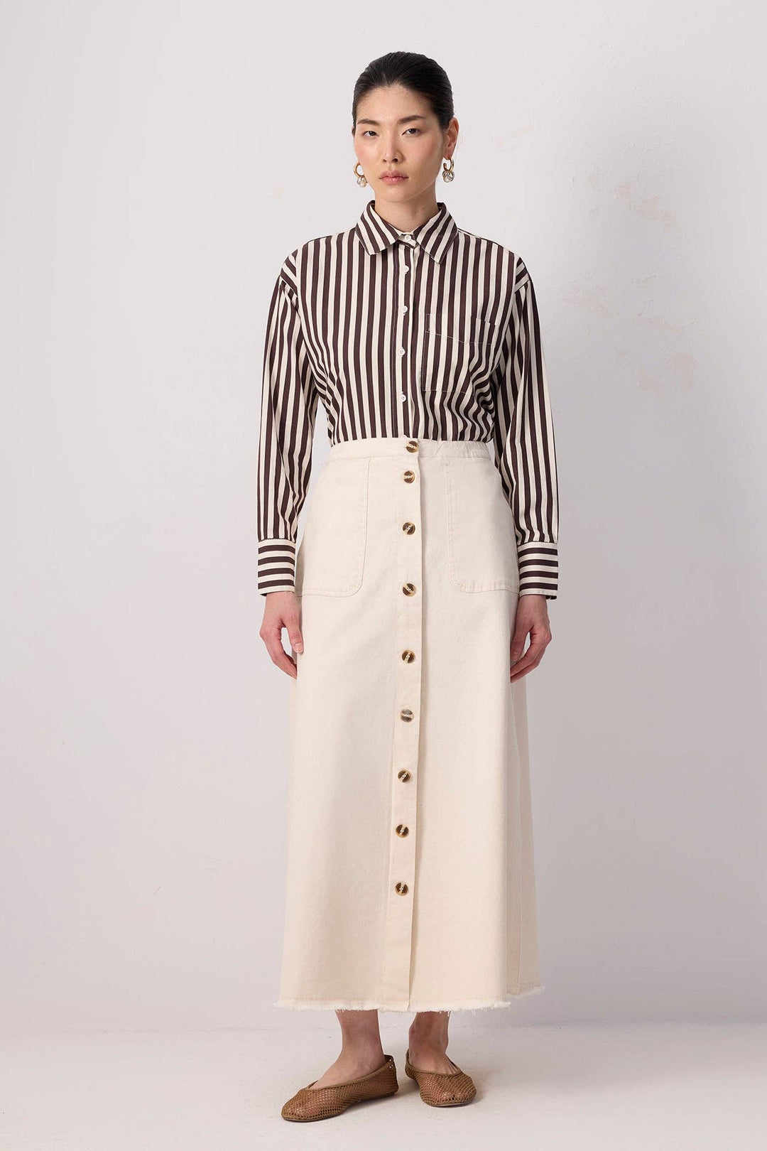Front Button A-Line Denim Skirt with Utility Pockets