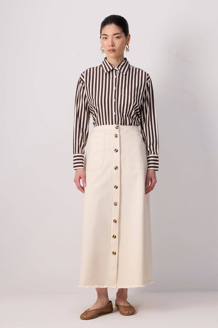 Front Button A-Line Denim Skirt with Utility Pockets